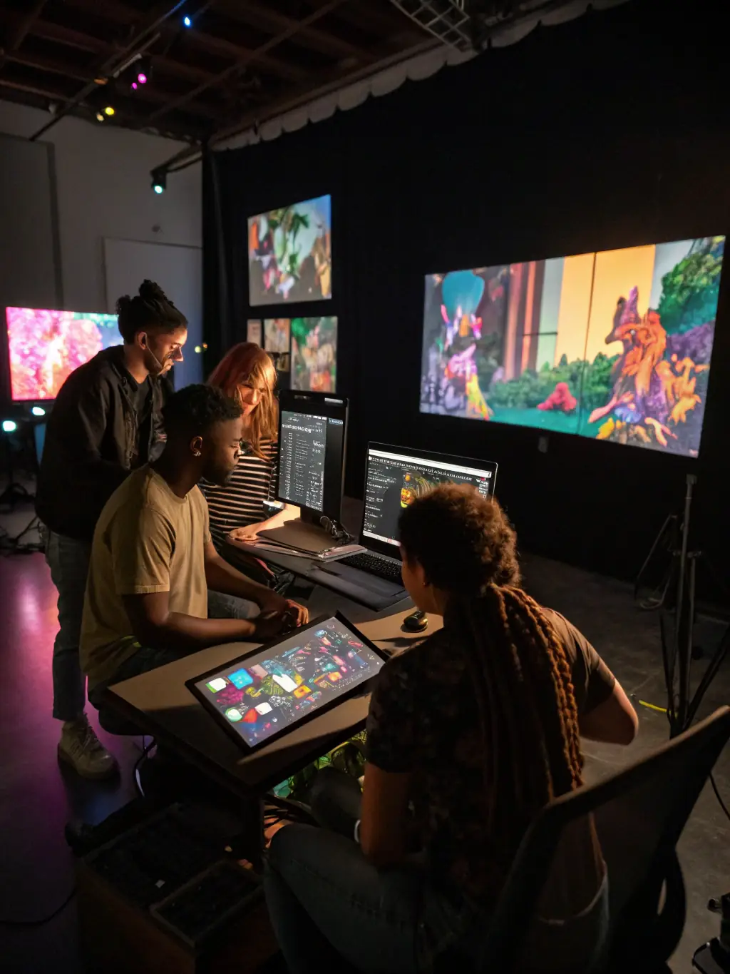 An engaging photo of participants actively involved in a filmmaking or sound editing workshop.