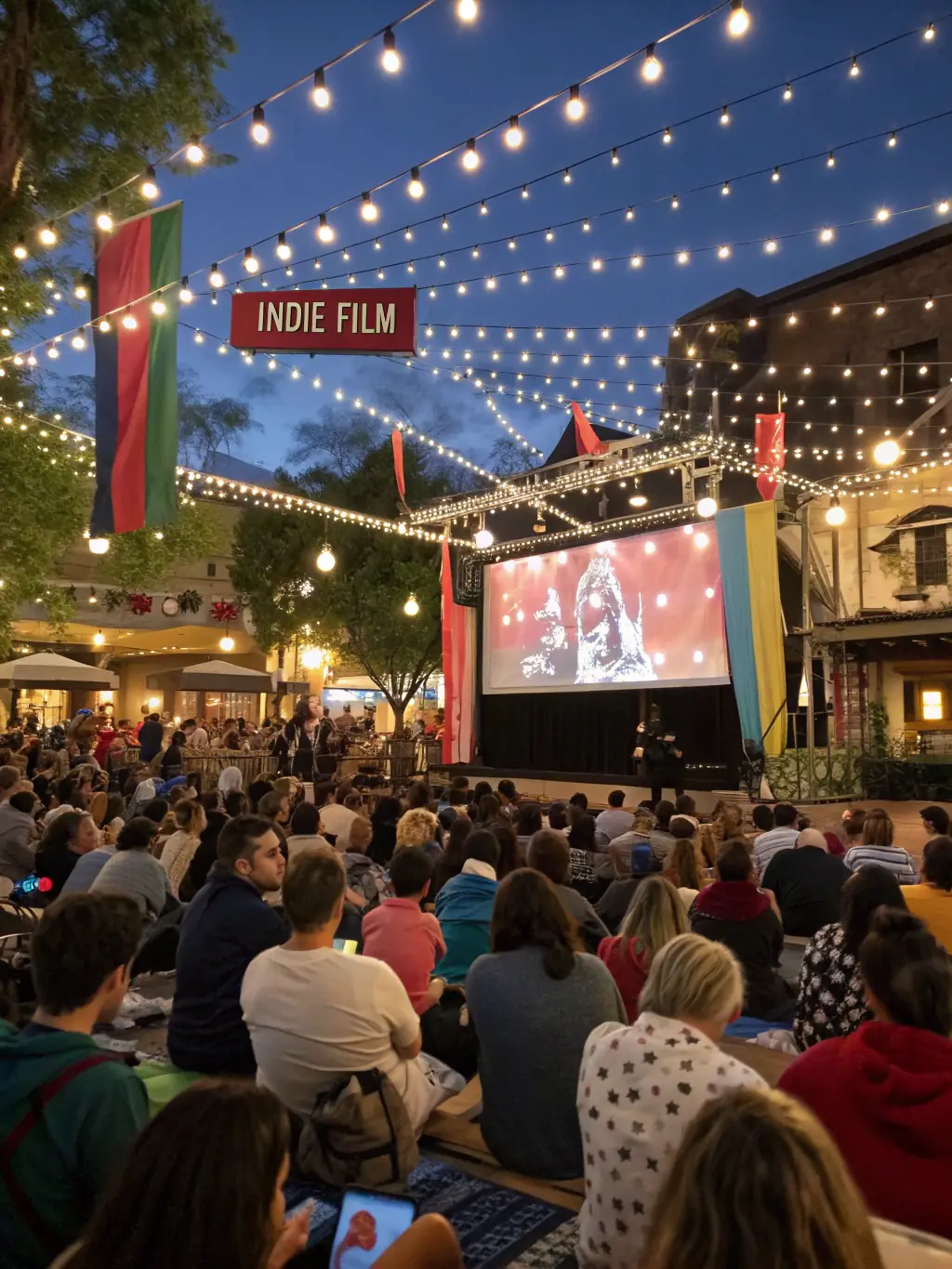 A lively image of young people participating in a community film event outdoors.